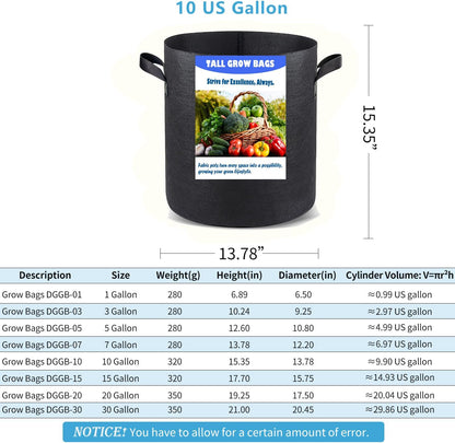 10 US Gallon 6 Pack Tall Grow Bags for Vegetables, Heavy Duty Nonwoven Aeration Fabric Deep Grow Pots with Handles