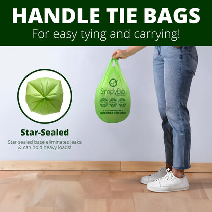 1.6 Gallon Compostable Trash Bags Handle, Heavy Duty Thick 0.6 Mil, 6.06 Liter, 50 Bags, Small Kitchen Food Scrap Waste Bag, ASTM D6400, US BPI and OK Compost Home Certified