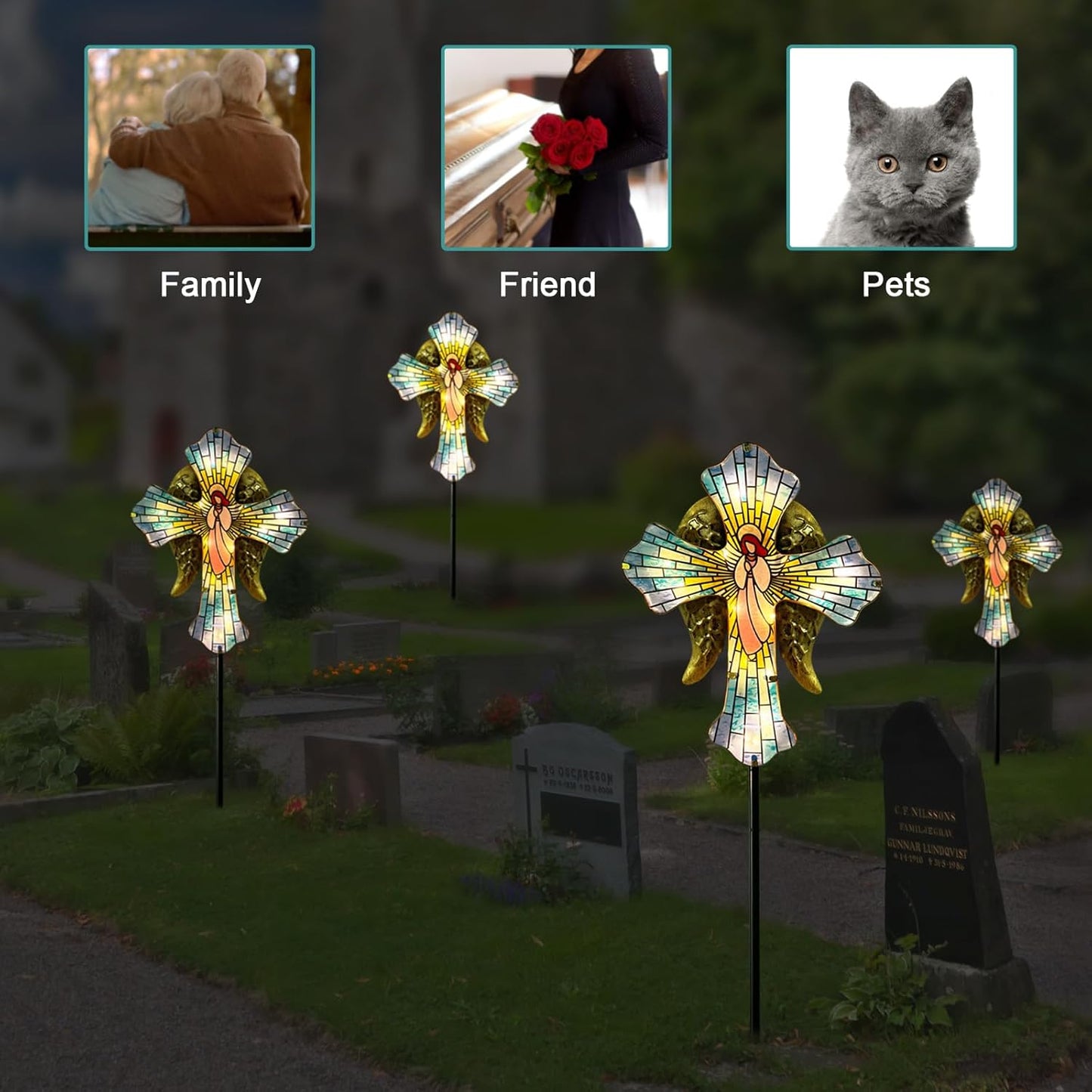 WAIU 33 Inch Solar Cross Garden Light Outdoor Decorative - Solar Acrylic Jesus and Metal Angel Wings Stake Light Waterproof Warm White LED for Remembrance Gifts & Sympathy Gifts.