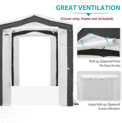 EAGLE PEAK Replacement Cover for 8x6 Pop up Greenhouse with Polyester Reinforced Corners, Front and Rear Roll-Up Zipper Entry Doors and 2 Roll-Up Side Windows (Frame Not Included), Gray/White