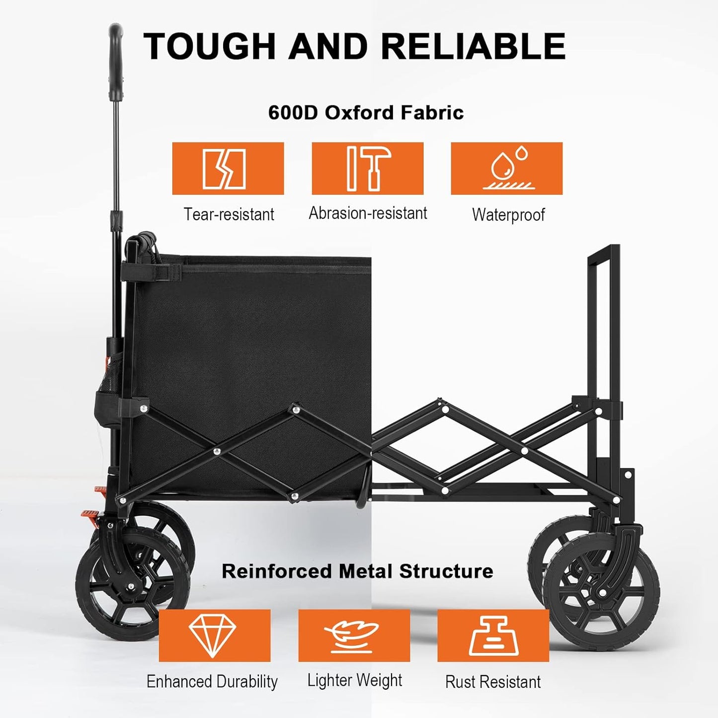 Navatiee 140L Wagon Cart Foldable, Large Capacity Collapsible Wagon with Smallest Folding Design, Utility Grocery Cart for Camping Shopping Sports, Black
