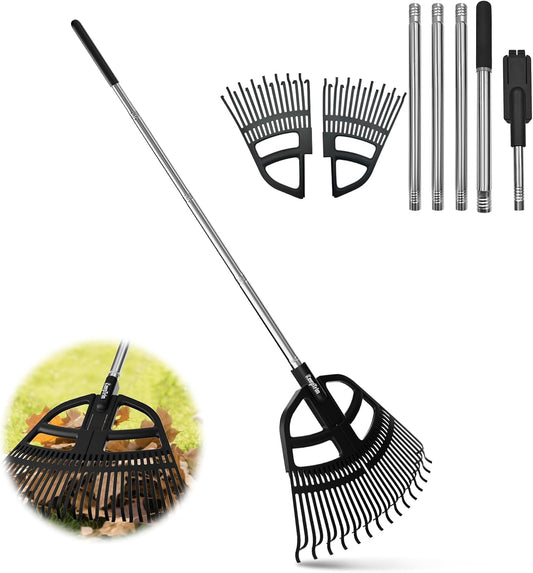 Adjustable Leaf Rake 30-65 Inch – 30 Tines Garden Rakes with Non-Slip Handle&Quick-Detach Head Lightweight Yard Rake for Wet Leaves, Pine Needles, Gravel