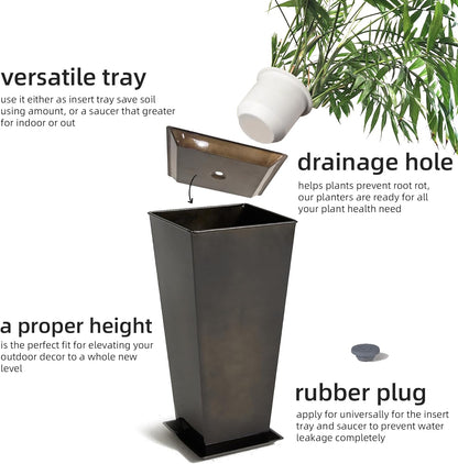 KOL 28''H. Tall Galvanized Steel Glazed Planter with Insert, Set of 2, Planter Pots for Indoor & Outdoor Use, Decorative Flower Plant Pots with Drainage Hole for Front Porch, Patio, Deck - Black