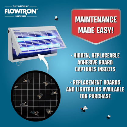 Flowtron Portable Indoor Fly Trap| Electric Insect Killer for Flies & Gnats with Dual Lure Method 30W UV Light & Pheromone Attractant | Sticky Strips, 500 Sq Ft for House & Restaurants