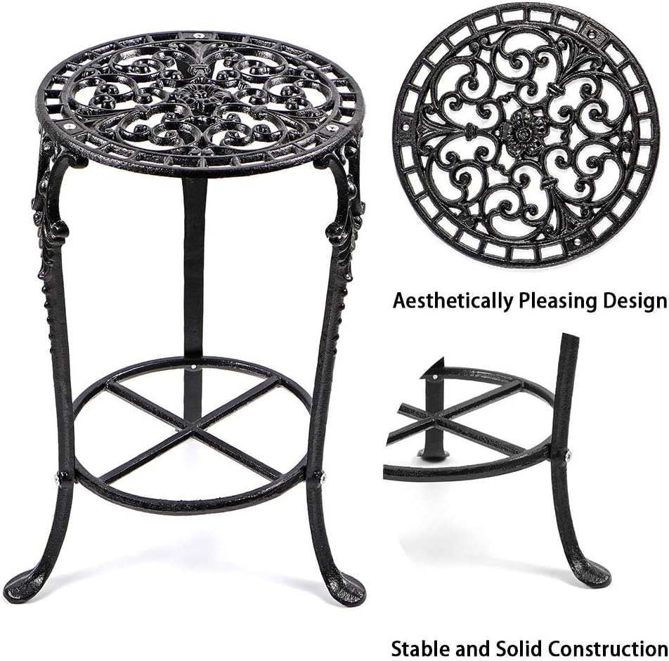 MDLUU Plant Stand 18.8 Inches Tall, Cast Iron Potted Plant Stand, 2-Tier Metal Planter Stand, Flower Pot Stand for Living Room, Bedroom, Kitchen Decor (Black)