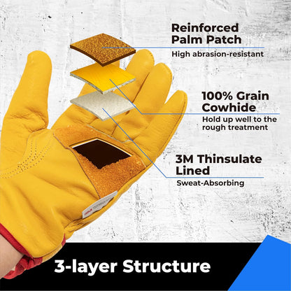 2 Pairs Winter Leather Work Gloves, Warm 3M Thinsulate Lining for Cold Weather Work, 100% Full Grain Cowhide with Abrasion and Puncture Resistance, Size Small