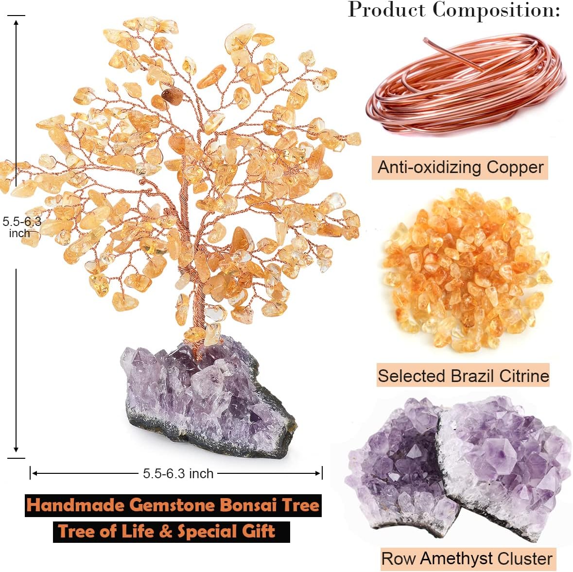 Natural Citrine Crystal Tree Amethyst Geode Base,Chakra Balancing Feng Shui Bonsai Money Tree Positive Energy Home Decor for Luck and Wealth 5.5"-6.3"