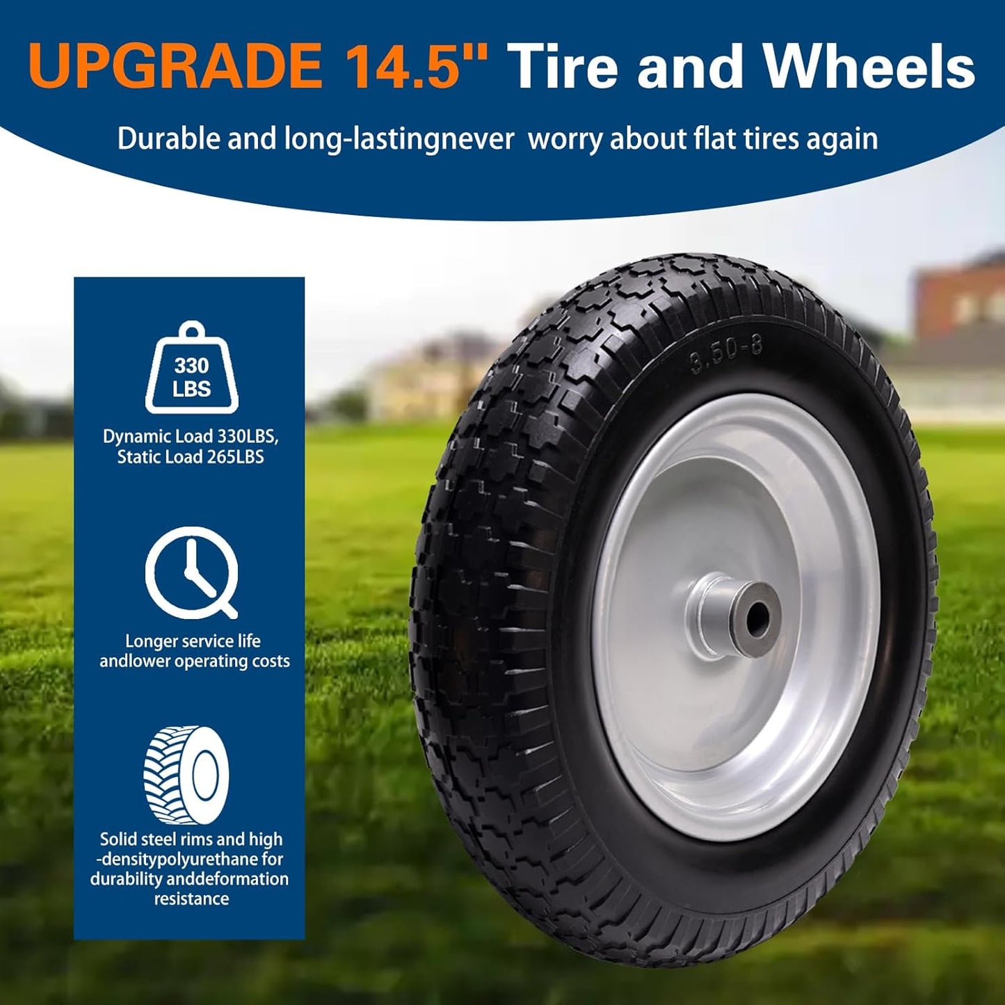 4.80/4.00-8 Tire, 14.5" Flat Free Wheelbarrow Tire and Wheel, 5/8" 3/4" Bearings Solid Replacement Tires, 3" -7" Centered Hub, Universal Fit 3.50/3.00-8, 4.00-6 Trolley Dolly Go Kar, 1 Pack