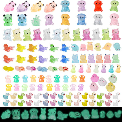 120 Pcs Luminous Mini Resin Animals 12 Styles Glow in The Dark Mini Ducks Pigs Frogs Turtles Chicks Rabbit Puppies Lizards Micro Landscape Decorations for Fairy Garden Landscape Dollhouse Decor Crafts