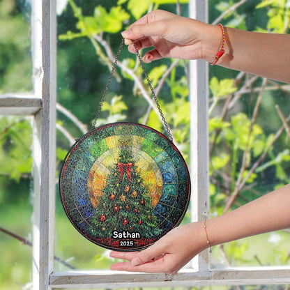 Personalized Stained Glass Christmas Tree Suncatcher, Christmas Handcraft Holiday Ornament with Name and Number, Gift for Family or Friend, Gift for Décor