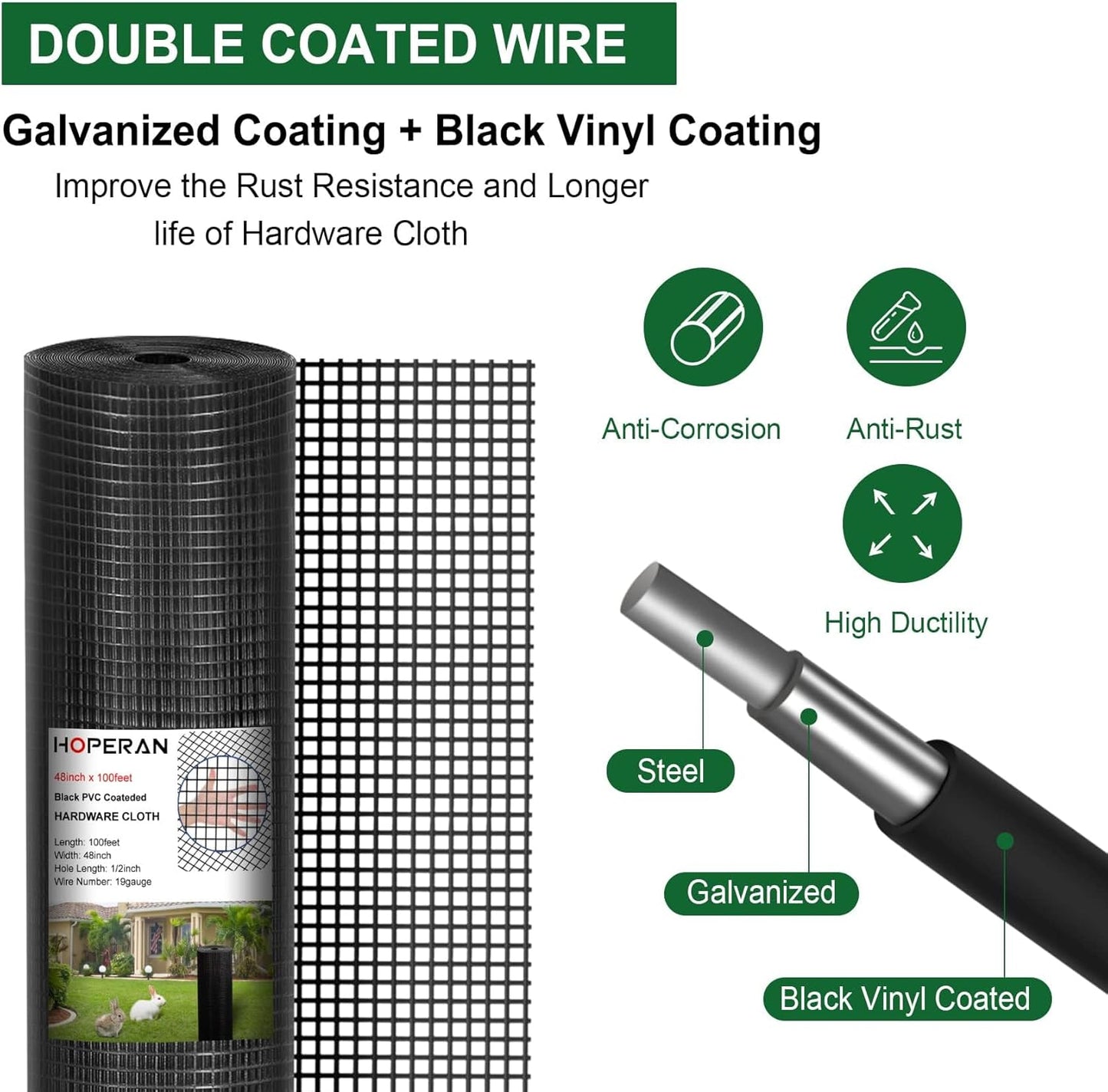 HOPERAN Black Hardware Cloth 1/2 inch 36 x 50 Ft Mesh 19 Gauge PVC Coated Chicken Wire - Vinyl + Galvanized Double Coated Fence - Welded Wire Mesh Roll for Chicken Coop Fencing Garden Fencing