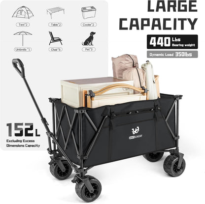 Whitsunday Heavy Duty Collapsible Wagon, 440Lbs Folding Beach Wagon Cart, All Terrain Wheel & Extra Large Utility Camping Park with Table