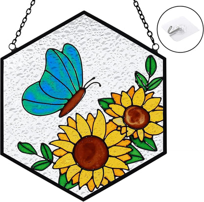 Butterfly Sunflower Stained Glass Suncatchers Windows Hanging Decorative,Hand Paint Sun Sunflower Catchers Indoor Ornaments with Stick Hook,Memorial Gifts for Mom/Women