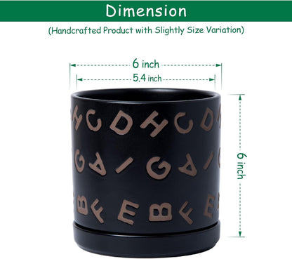 D'vine Dev Set of 2 Ceramic Planter Pots with Drainage Hole and Saucer, 6 Inch Plant Pots for Plants Indoor Houseplants, Black, 99-Z-G-2-Y