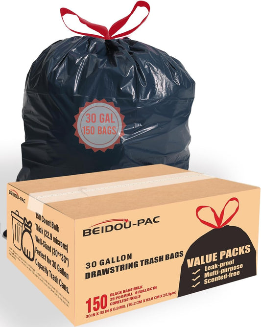 30 Gallon Trash Bags Drawstring, 150 Count Bulk, Black | Unscented | Heavy Duty Multi-purpose