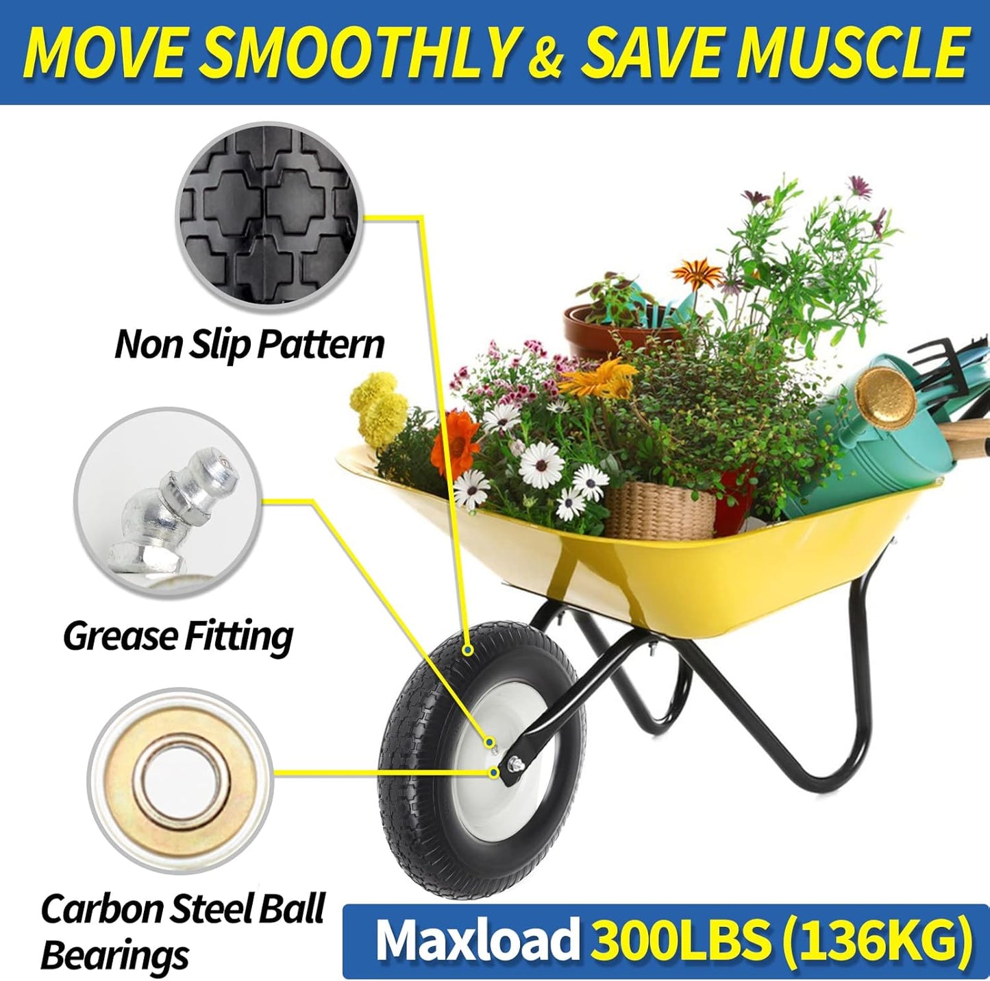 4.80/4.00-8" Wheelbarrow Tire, 16" Flat-Free Solid Tire and Wheel, 3-6" Centered Hub, 5/8" & 3/4" Bearing, For Broadcast Spreader Garden Wagon Cart Trolley Dolly Lawn Mover (1 Pack)
