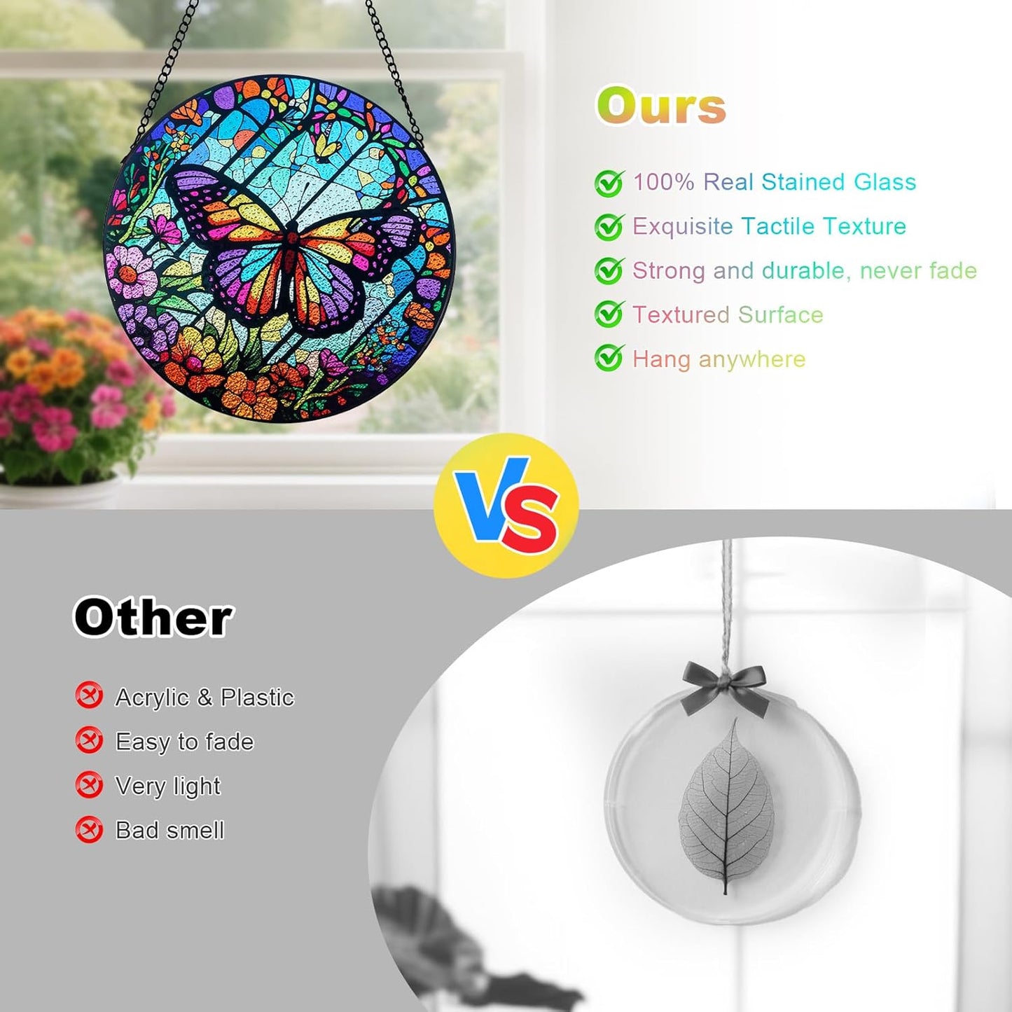 Stained Glass Window Hanging - Butterfly Suncatchers for Indoor Windows, Butterfly Stained Glass Decor for Home, Garden, Cottage, Sun Catcher Gift for Women (12 Inch)