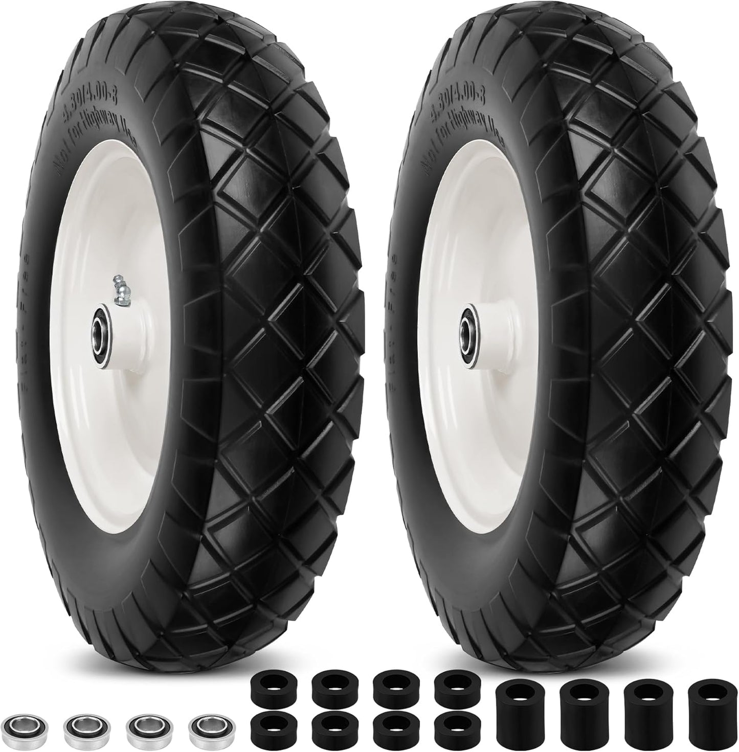 4.80/4.00-8" Flat Free Wheelbarrow Tires and Wheels, 16" Universal Fit Solid Tires with 5/8" or 3/4" Bearing, 3"-7" Hub, Adapter Kit Hand Truck Wheels Replacement for Garden Trailer, Wagons, 2 PCS