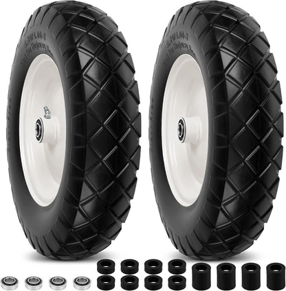 4.80/4.00-8" Flat Free Wheelbarrow Tires and Wheels, 16" Universal Fit Solid Tires with 5/8" or 3/4" Bearing, 3"-7" Hub, Adapter Kit Hand Truck Wheels Replacement for Garden Trailer, Wagons, 2 PCS