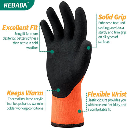 Kebada T3 Winter Work Gloves for Men and Women, Warm Knit Cold Weather Work Gloves, Thermal Insulated Freezer Gloves, 100% Latex Coating Non-slip Grip, Long Wrist Design, 1 Pair, Orange, Small