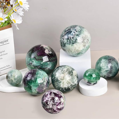 JIC Gem 3.1-3.5 inch(80-90mm) Large Crystal Ball Feather Fluorite Healing Crystals Sphere with Wooden Stand Meditation Home Decor