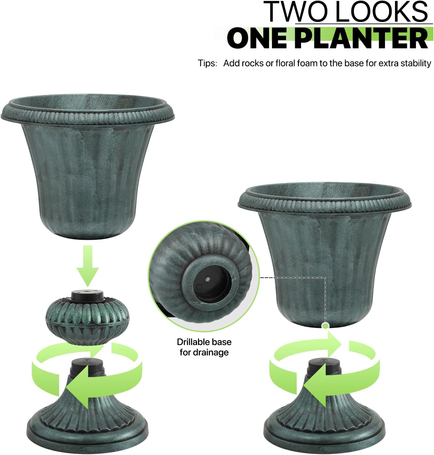 Magshion 20" Urn Planters for Outdoor Plants, Large Decorative Front Porch Planters Set of 2, Weatherproof Tall Plastic Flower Pots for Garden, Patio & Entryway Décor, Antique Green