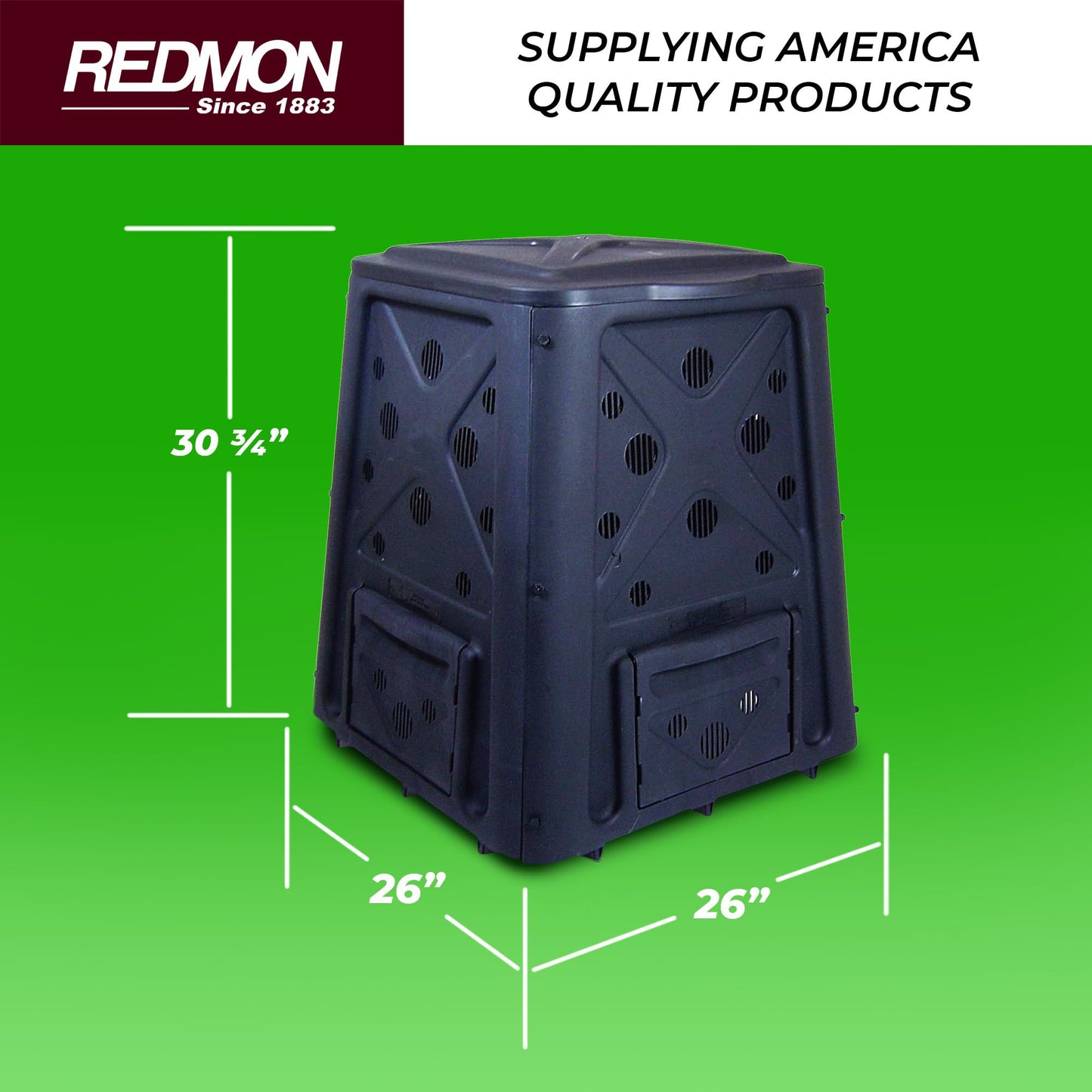 Redmon Outdoor Compost Bin with Lift Off Lid, 4-Door Access & Vent Holes, 65 Gallon, Black