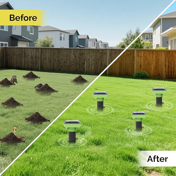 Solar Garden Device – 4 Pack, IP66 Waterproof, Solar Rechargeable, Covers up to 75 sq. ft., Quick 2-Hour Charge, 8–10 Hours Operation, Weather-Resistant Lawn & Garden – eco-Friendly Lawn Spikes,
