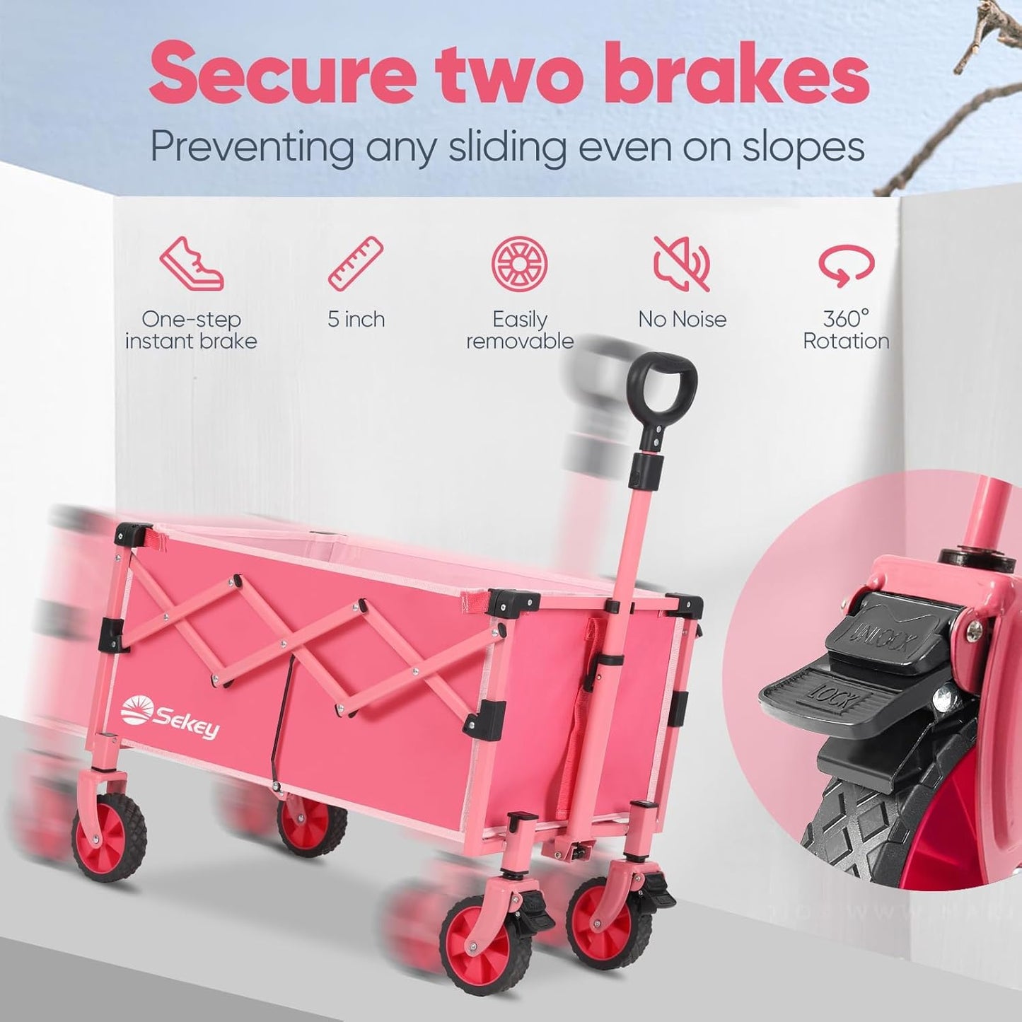 Wagon with Brakes, Foldable Cart with 220LBS Capacity, Utility Lightweight Wagon, Collapsible Grocery Shopping Cart for Camping Sports & Holiday.Pink