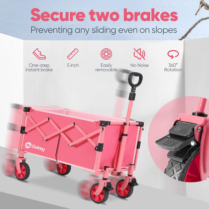 Wagon with Brakes, Foldable Cart with 220LBS Capacity, Utility Lightweight Wagon, Collapsible Grocery Shopping Cart for Camping Sports & Holiday.Pink