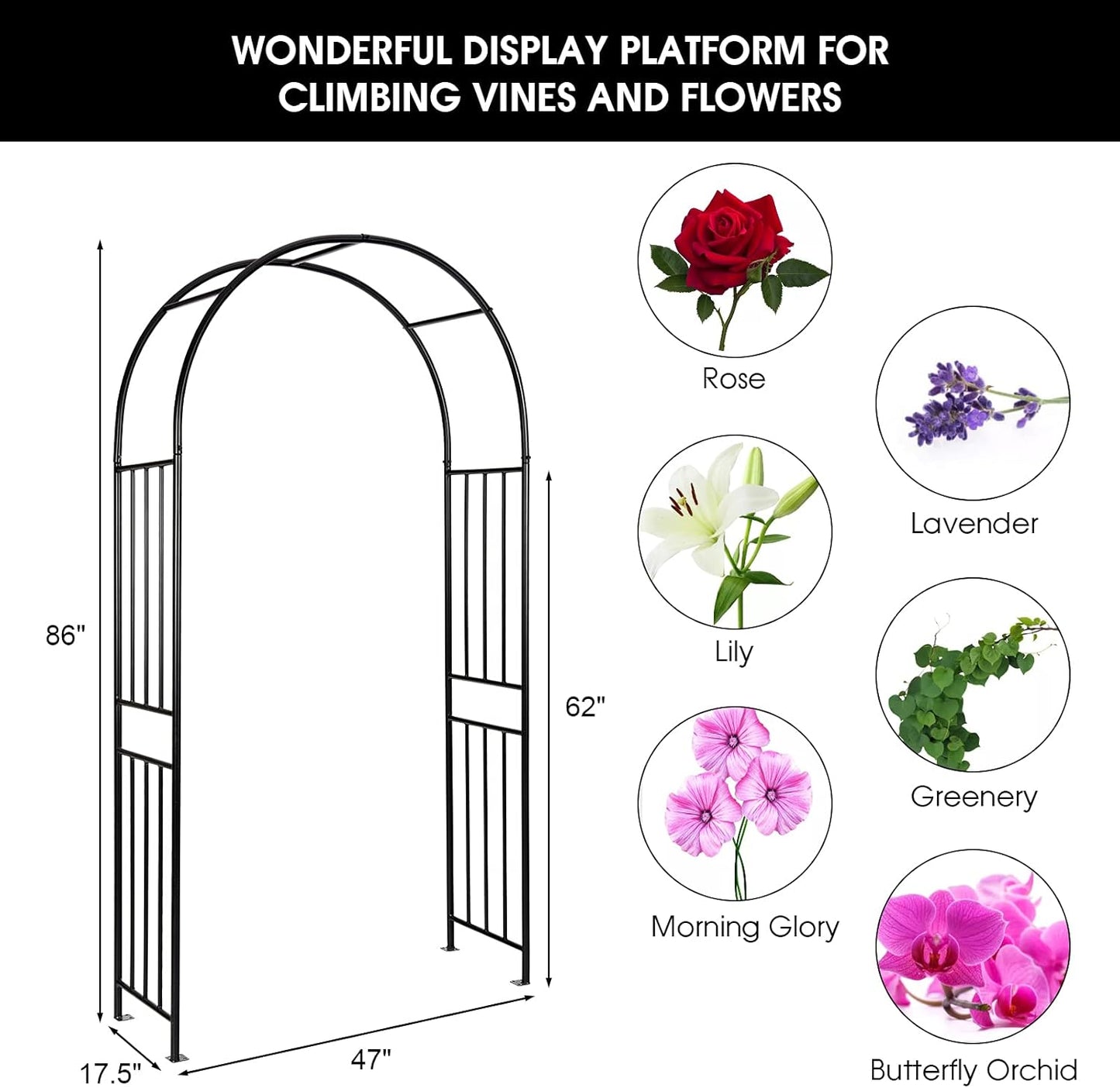 S AFSTAR Metal Garden Arch, 7.2ft/86 Outdoor Arbor for Various Climbing Plant Flower, Arch Trellis for Wedding Garden Bridal Party Festival Decoration, Easy-to-Assemble