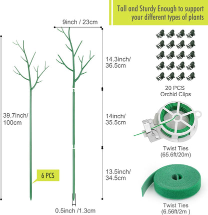 6 Pack Plant Support Stakes for Indoor Plants, 39.37 Inch Twig Plant Sticks with Orchid Clips Twist Ties and Plant Ties for House Potted Monstera Plants, Plastic Branches Support Structures, Green