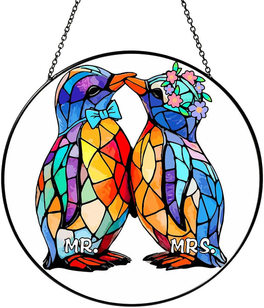 Wedding Gifts Sun Catcher Stained Glass Window Hanging Penguin Couple Wall Decor Handmade Ornament