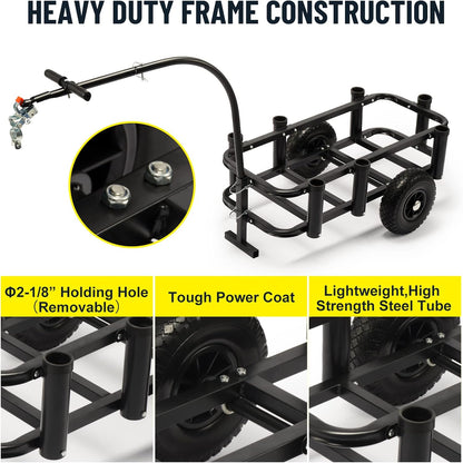 Beach Fishing Cart, w/10 Big Wheels Black PU Solid Balloon Tires for Sand, Fishing Wagon Cart Large Capacity with 32-1/4" L x 16" W Liner and PP Plate, Heavy Duty Surf Cart w/Bicycle Hitch