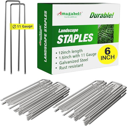 AMAGABELI GARDEN & HOME 6 Inch 100 Pack Galvanized Landscape Staples 11 Gauge Anti-Rust Heavy Duty Garden Staples Plant Cover Stakes U-Shaped Sod Pins Ground Fence Stakes for Weed Barrier Fabric