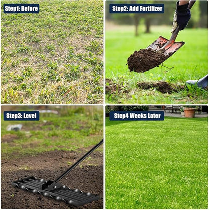 Three Oranges Lawn Leveling Rakes (30x10 inch), ,Spiral Patented Design, with a 72" Handle Rake, Suitable for Backyards, Gardens, Golf Courses, Farms, Pastures