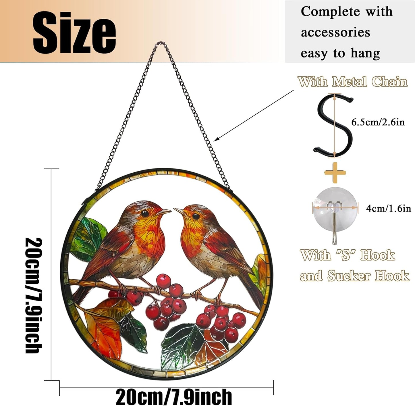 Robins Sun Catcher Stained Glass Window Hanging Suncatcher Indoor Window with Metal Chain, Birds Gifts for Women Mom Bird Lovers