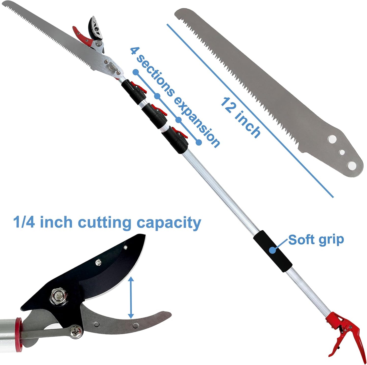 Tree Pruner Extendable 4.5-11.5 FT, Tree Trimmer Telescoping with 4 Section, Long Handle Pruning Shears, Cut and Hold Clippers, Pole Saws Branch Cutter, Loppers, Fruit Picker Tool
