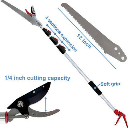Tree Pruner Extendable 4.5-11.5 FT, Tree Trimmer Telescoping with 4 Section, Long Handle Pruning Shears, Cut and Hold Clippers, Pole Saws Branch Cutter, Loppers, Fruit Picker Tool