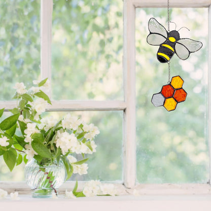Handmade Honeybee Honeycomb Suncatcher Stained Glass Window Hangings Ornament Real Sun Catchers Indoor Window Garden Kitchen Decor Bee Gifts for Women Beekeeper Teacher