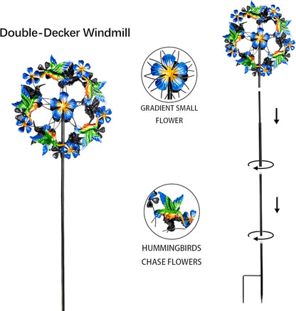 Double Blade Hummingbird Swivel Wind Spinners, Outdoor Garden Spinners 38inch Garden Stakes Decor, Metal Pinwheels for Yard and Lawn