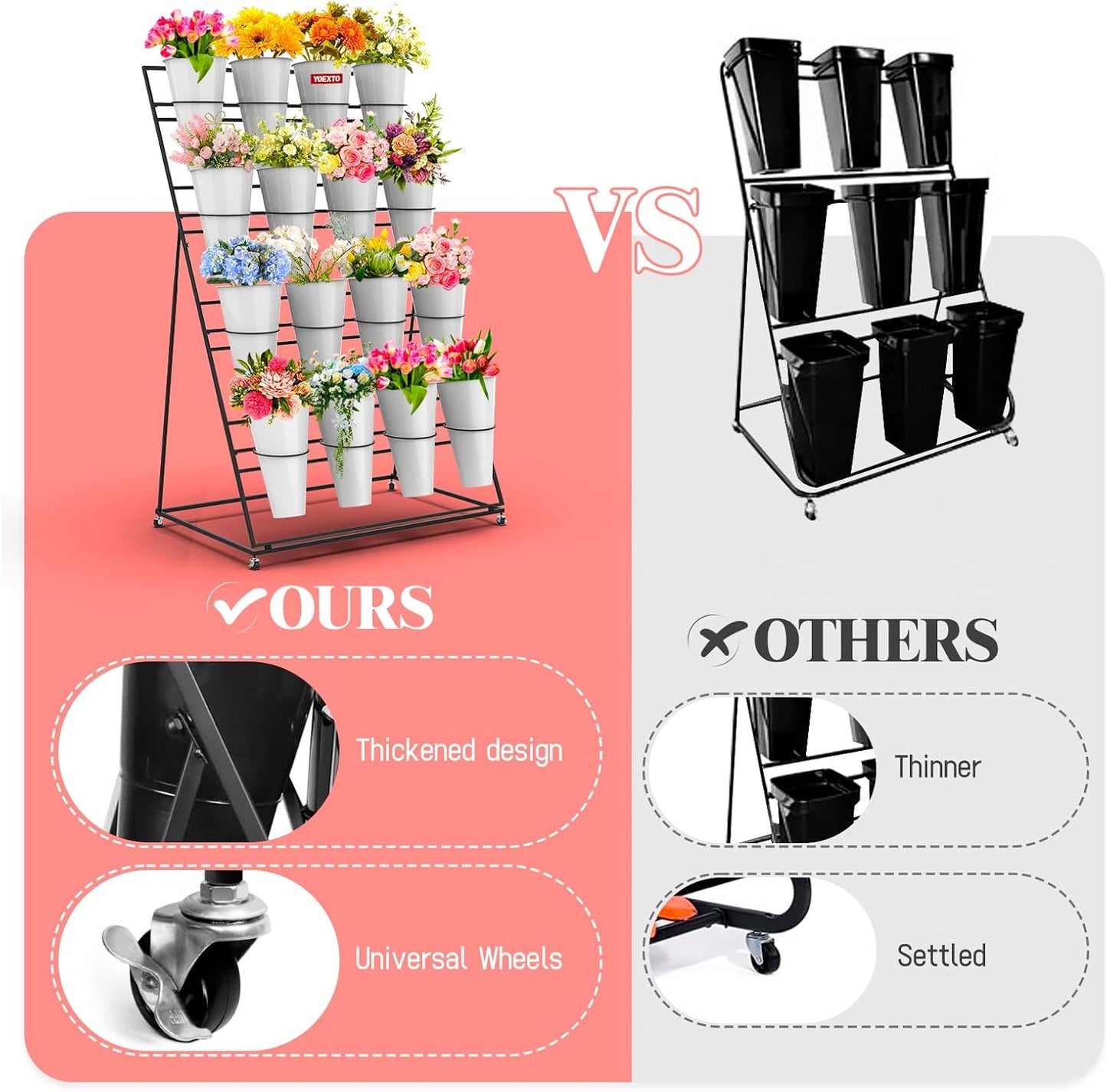 Flower Display Stand with Buckets, 4 Layers 16 PCS Plant Stand with Wheels, Movable Metal Plant Stand for Terrace Garden, Living Room, Florist Shop (Black Frame - White Buckets, 4-Tier)