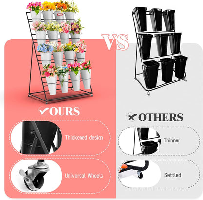 Flower Display Stand with Buckets, 4 Layers 16 PCS Plant Stand with Wheels, Movable Metal Plant Stand for Terrace Garden, Living Room, Florist Shop (Black Frame - White Buckets, 4-Tier)