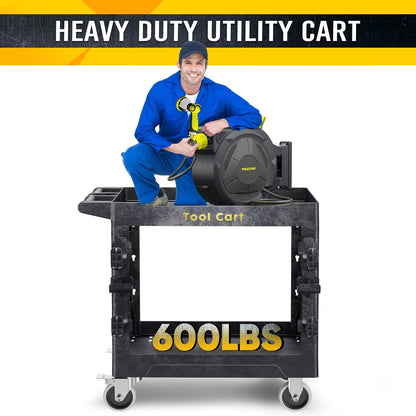Heavy Duty Garden Tool Carts,600LBS Capacity 2 Tier Yard Tool Storage Rack with Side Hooks Garage Tool Cart with 360°Swivel Wheels Outdoor Garden Tool for Shed, Yard, Garage,Black