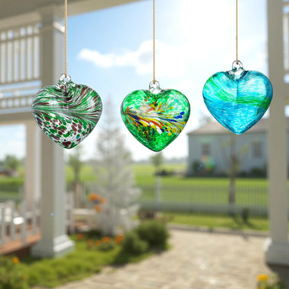 Set of 3 Green Blown Glass Heart Ornaments 4 Inch Hanging Decor for Outdoor Unique Home Garden Patio Decoration for Mom Wife