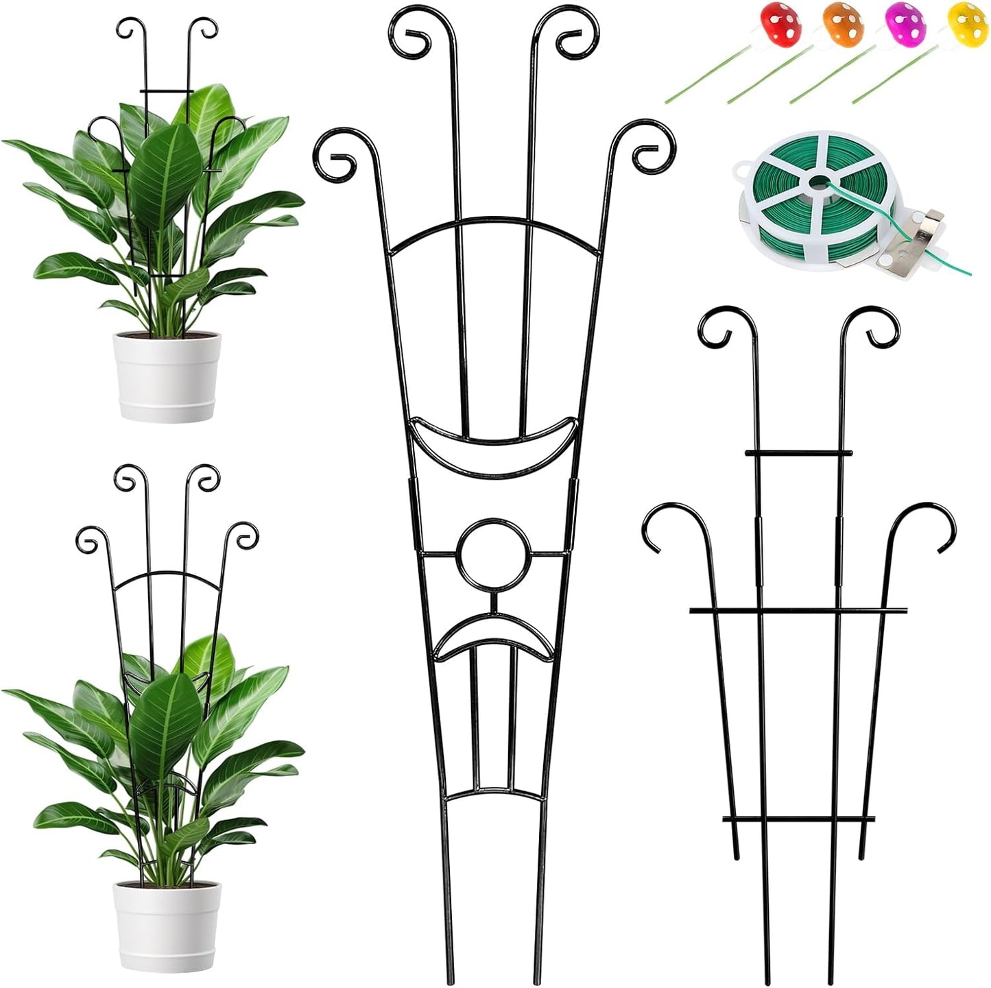 2 Pcs Large Trellis for Potted Plants, Expandable Rust-Proof Metal Garden Trellis, Wave-Shaped Plant Trellis Indoor and Outdoor with 20 Meters Plant Ties and 4 Adorable Decorative Mushrooms (Black)