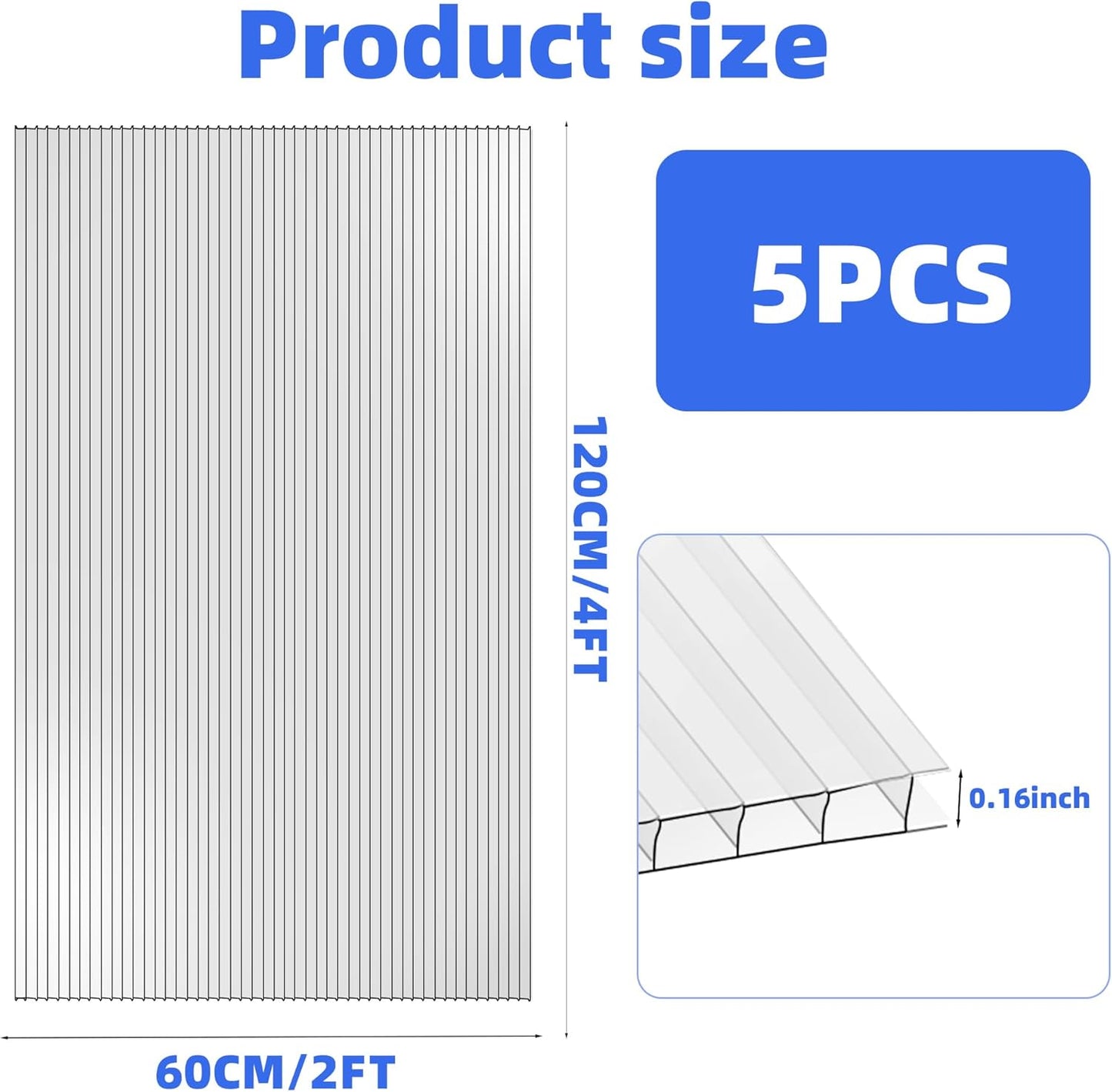 Pack 5 Polycarbonate Greenhouse Panels,Twin-Wall Polycarbonate Sheet 4' x 2' x 0.1'',Clear Polycarbonate Sheets for Greenhouse, Patio, and Roof Panels