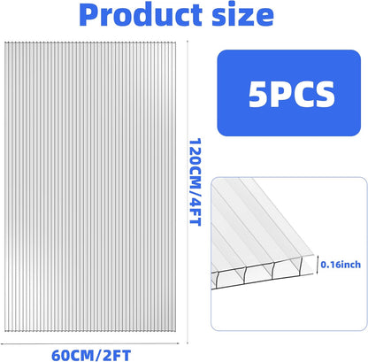 Pack 5 Polycarbonate Greenhouse Panels,Twin-Wall Polycarbonate Sheet 4' x 2' x 0.1'',Clear Polycarbonate Sheets for Greenhouse, Patio, and Roof Panels