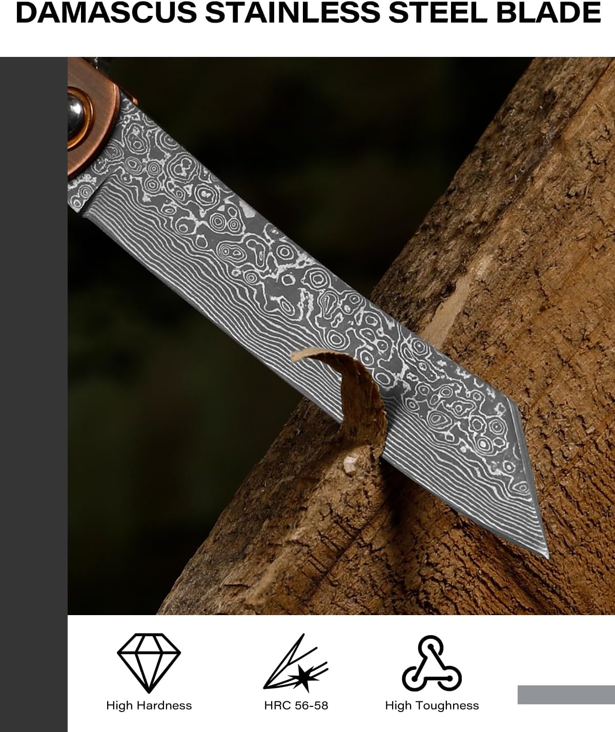 EDC Folding Knife, 2.8" Full Panel Plain Edge Blade, Non-Locking Pocket Knife Features Cloud Pattern Damascus Steel Blade & Red Bronze Electroplated Handle, Includes Black PU Sheath