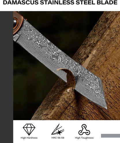 EDC Folding Knife, 2.8" Full Panel Plain Edge Blade, Non-Locking Pocket Knife Features Cloud Pattern Damascus Steel Blade & Red Bronze Electroplated Handle, Includes Black PU Sheath